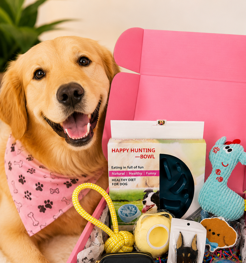 Dog with a pink bandana sitting next to a pink gift box filled with dog toys.