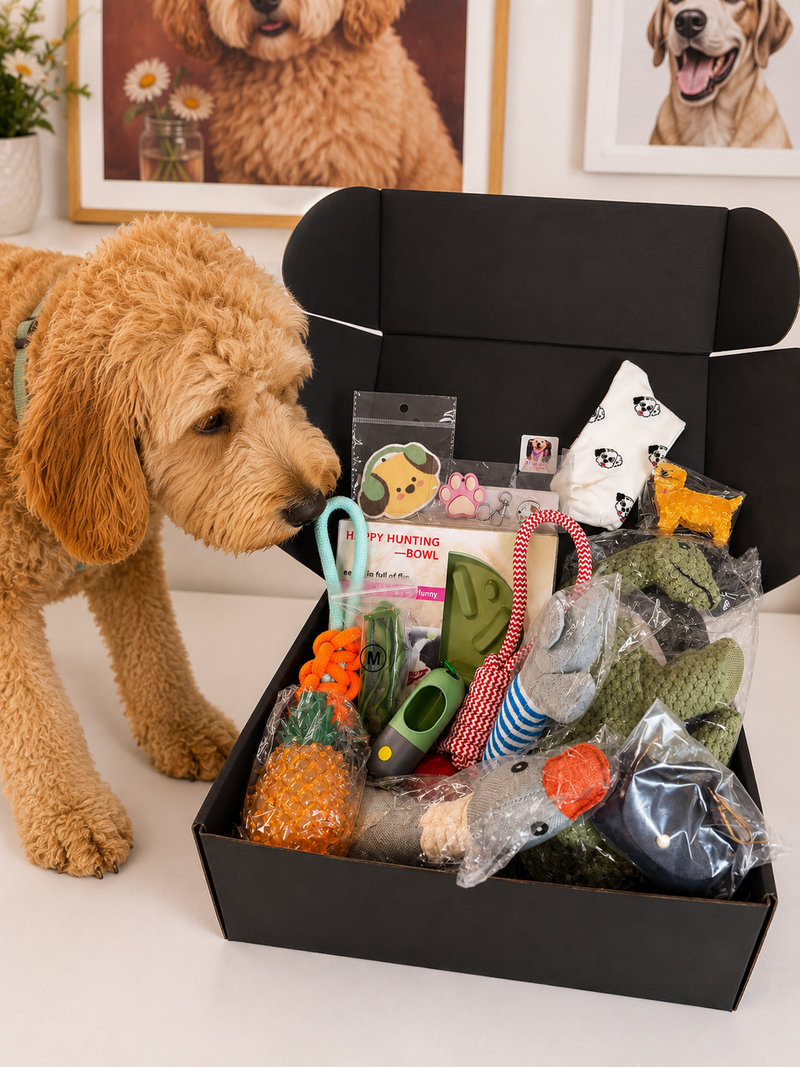 Dog toy box with various dog toys and a puppy sniffing at the box.